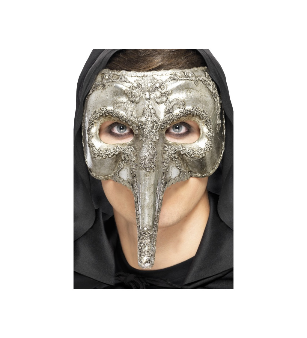 Benátská maska s nosem - stříbrná
