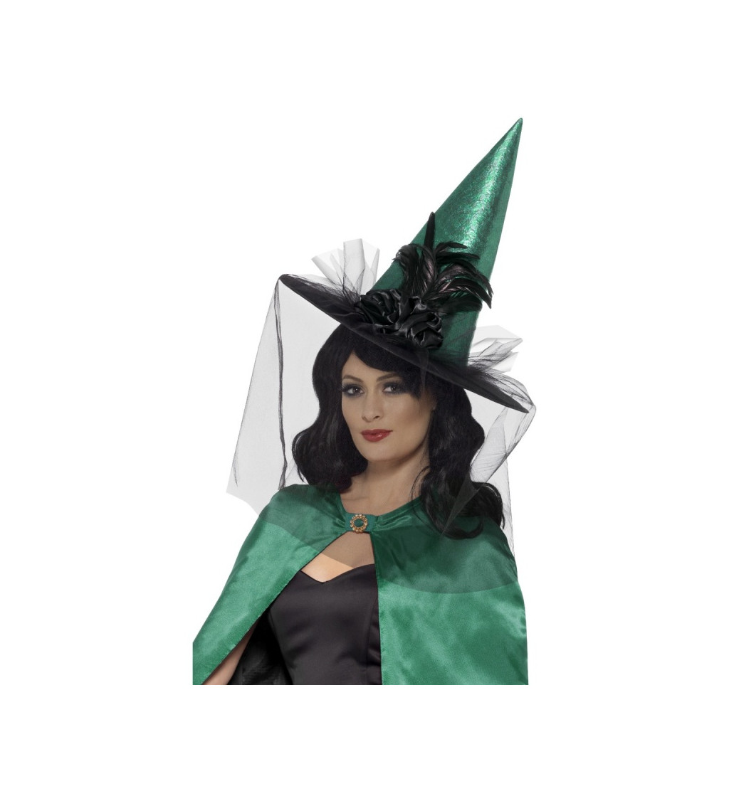 Čarodějnický klobouk s peřím - zelený
