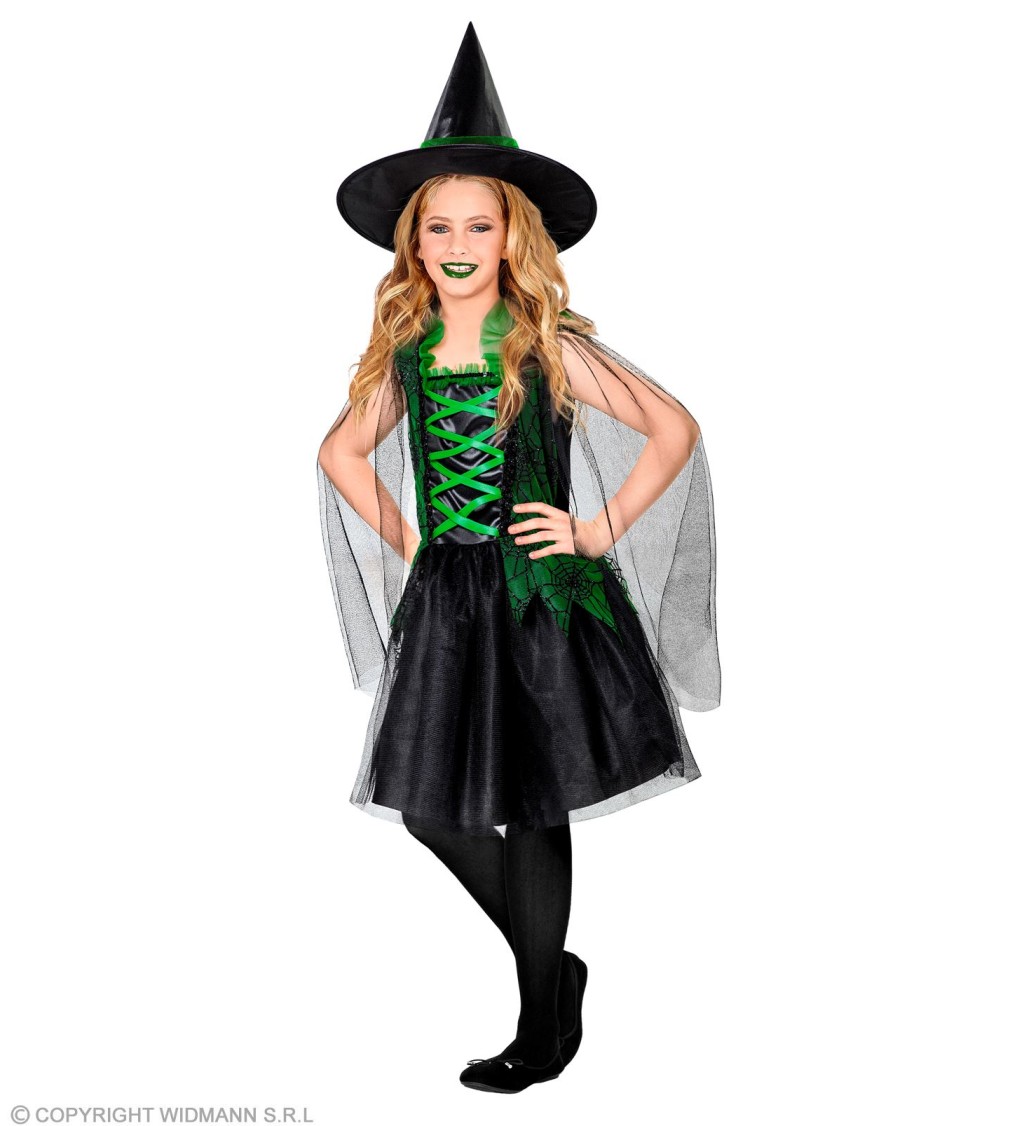 Dětský kostým na halloween - čarodějka zelená