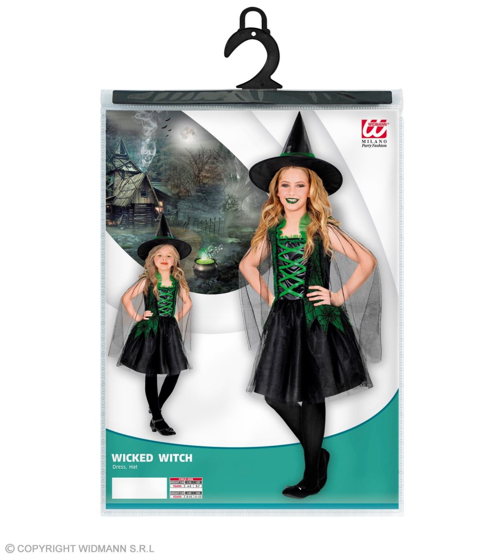 Dětský kostým na halloween - čarodějka zelená