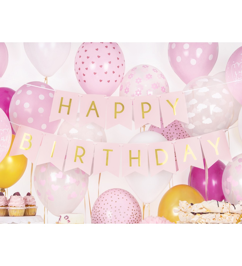 Girlanda s praporky - Happy Birthday růžová
