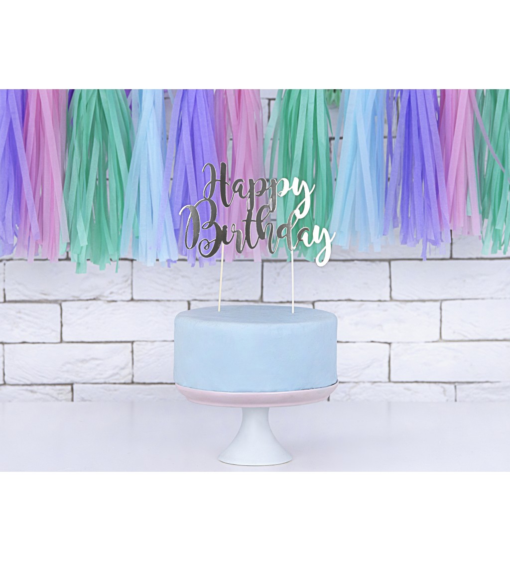 Ozdoba na dort - Happy Birthday stříbrná