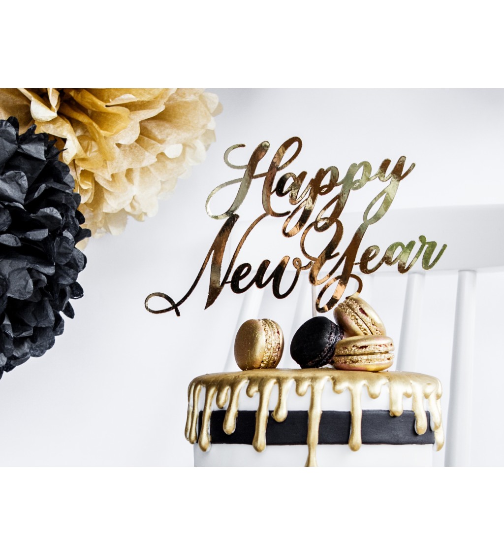 Ozdoba na dort - Happy New Year zlatá