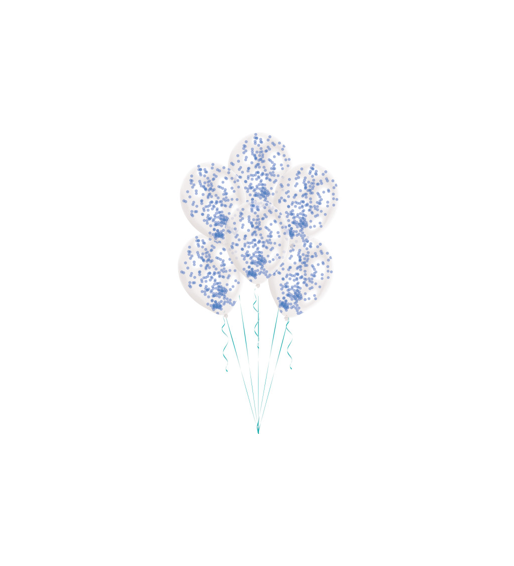 Průhledné balónky s modrými kulatými konfetami