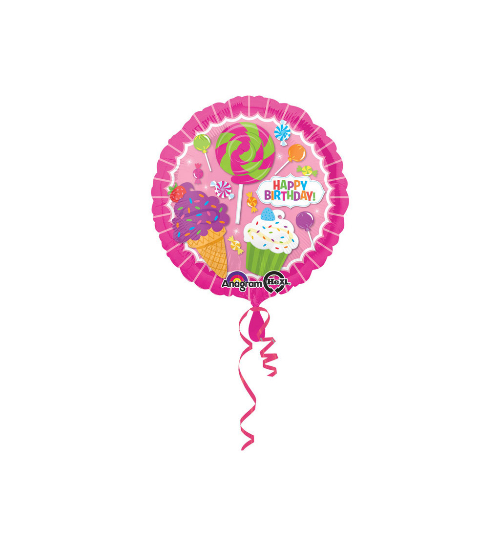 Fóliový narozeninový balónek - kulatý, růžový s cukrátky