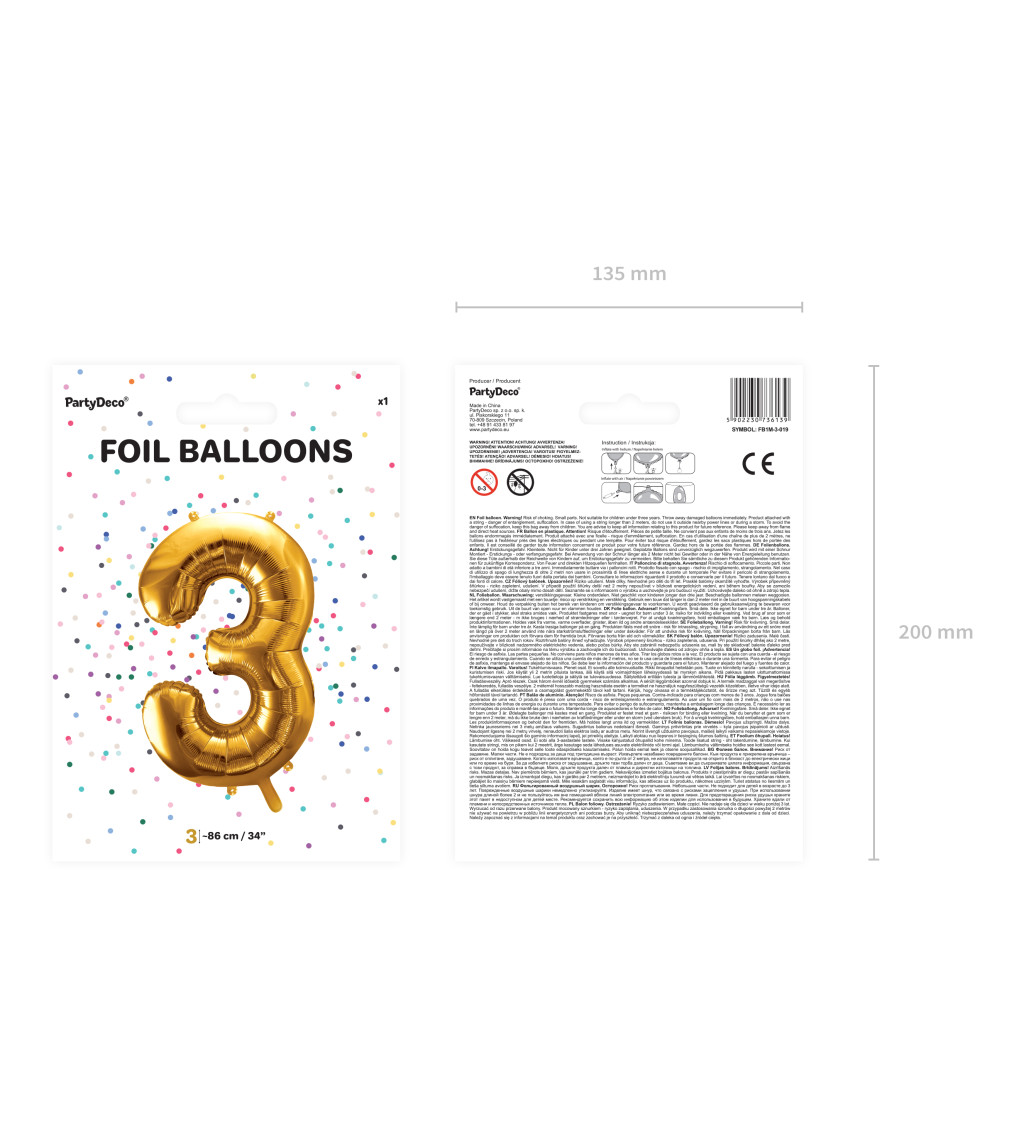 Fóliový balónek - zlaté číslo 3