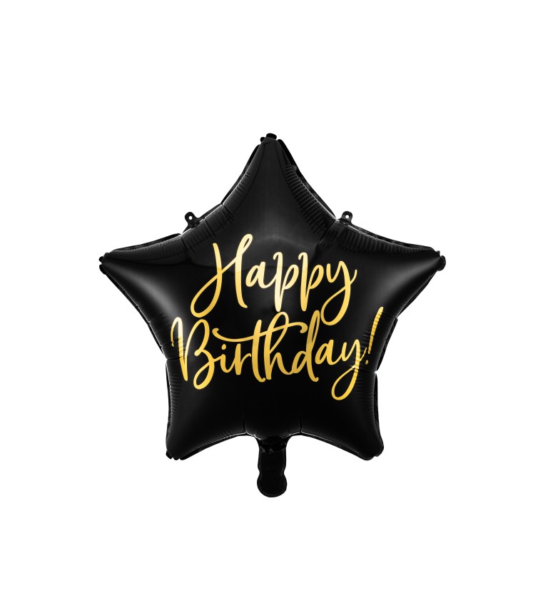 Černý hvězdičkový balónek Happy Birthday - fóliový