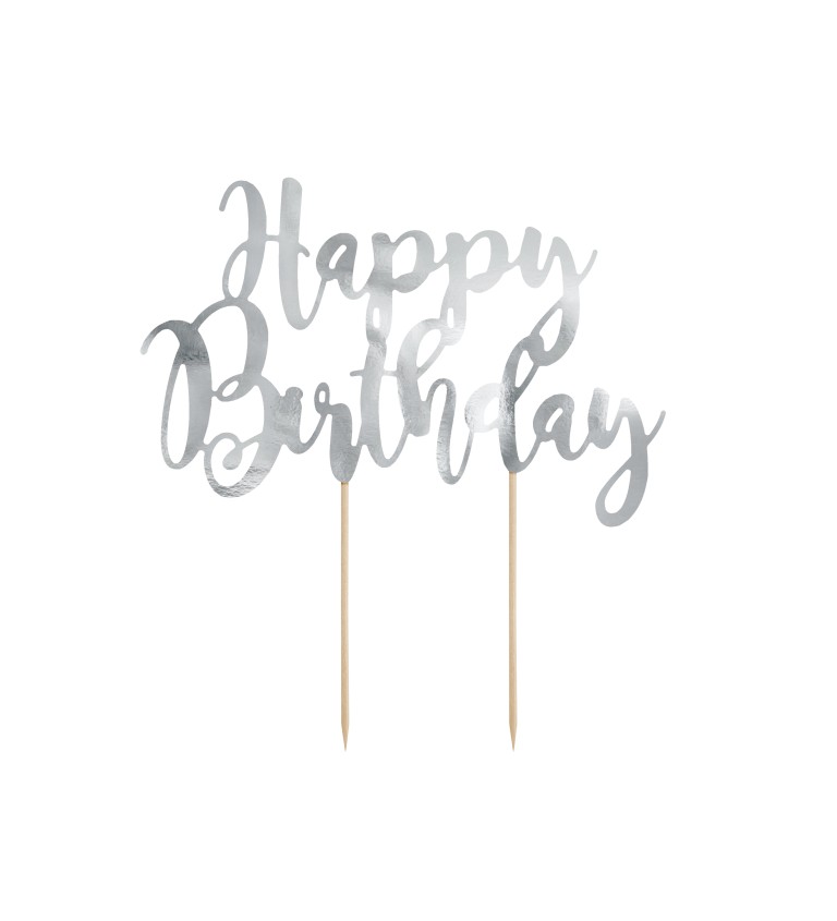 Ozdoba na dort - Happy Birthday stříbrná