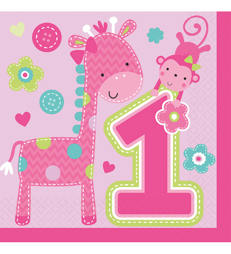Ubrousek 1 rok růžový žirafka - 16 ks