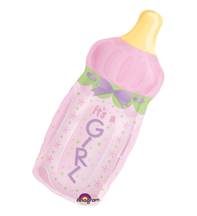 Fóliový balónek - růžová lahvička s nápisem "GIRL"