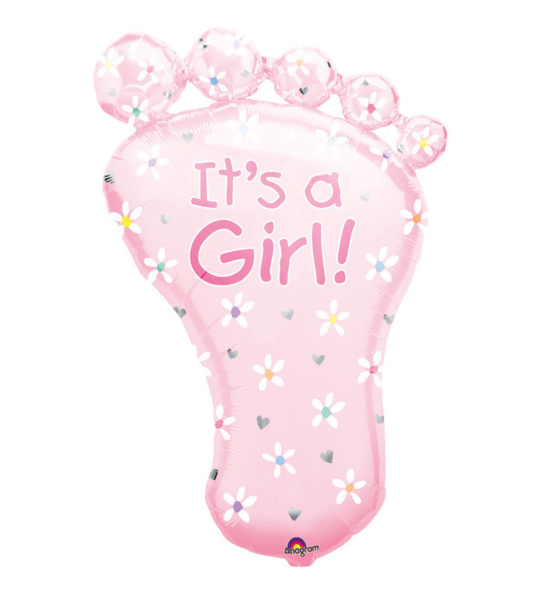 Fóliový balónek - růžové chodidlo s nápisem "GIRL"