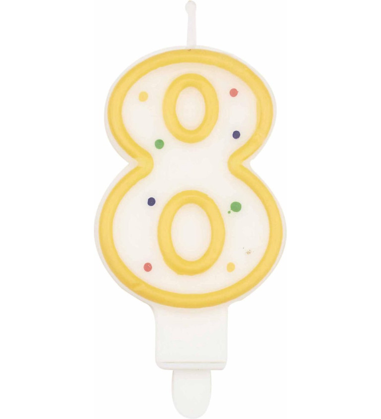 Svíčka narozeninová - žluté číslo 8 s puntíky