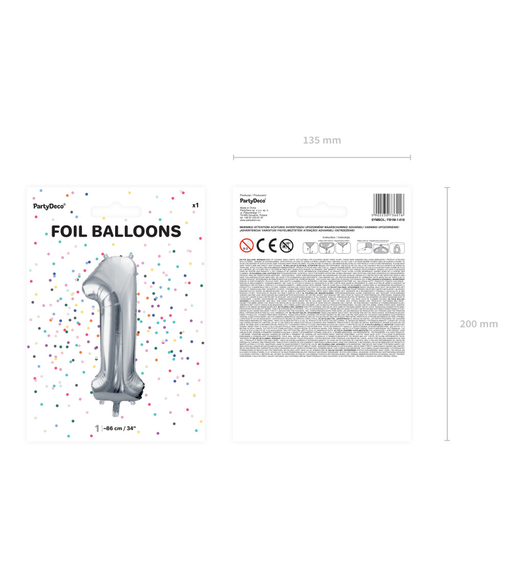 Balónek fóliový s číslem 1 - stříbrný