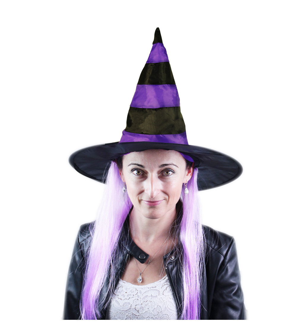 Pruhovaný čarodějnický klobouk - fialové vlasy