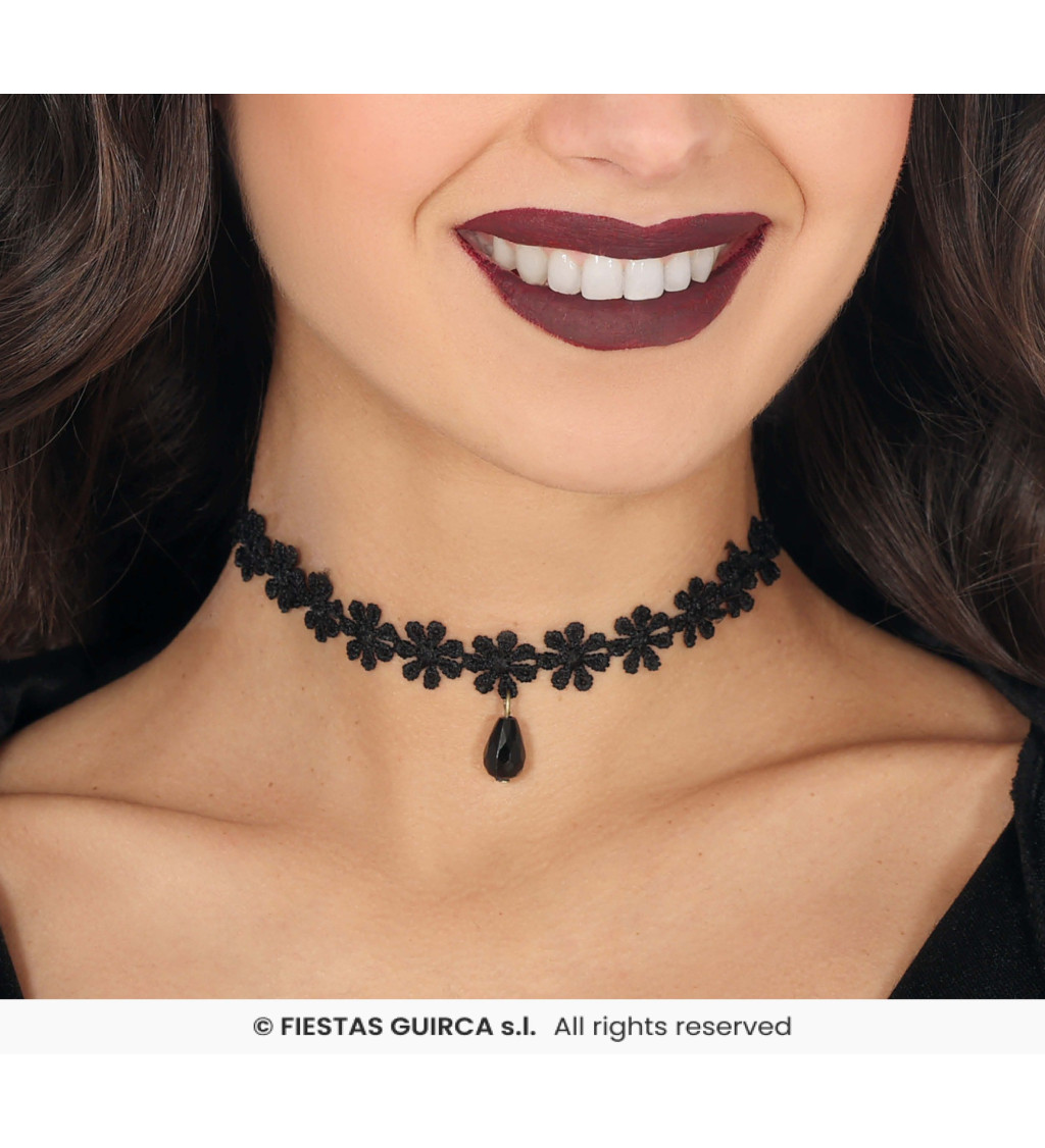 Krajkovaný choker náhrdelník - černé květiny