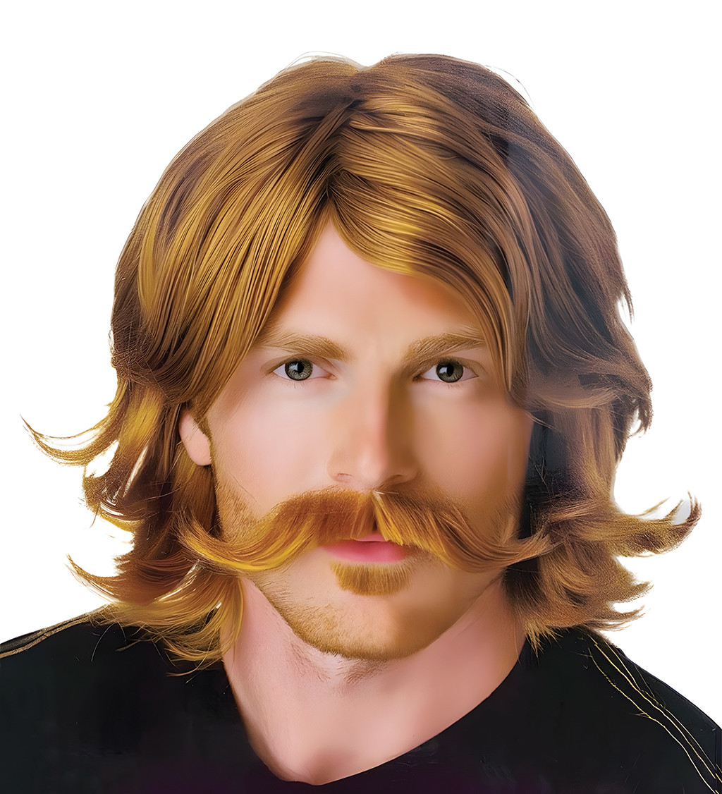 Hnědá pánská paruka s knírkem - styl 70. let