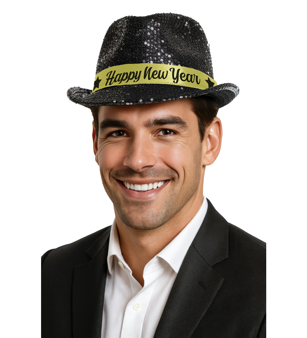 Happy New Year klobouk – černý třpyt