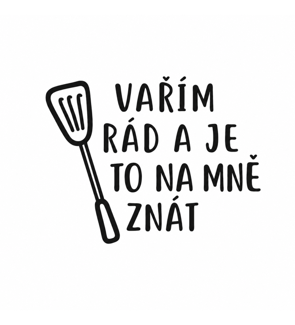 Bílá zástěra s nápisem - Vařím rád a je to na mě znát