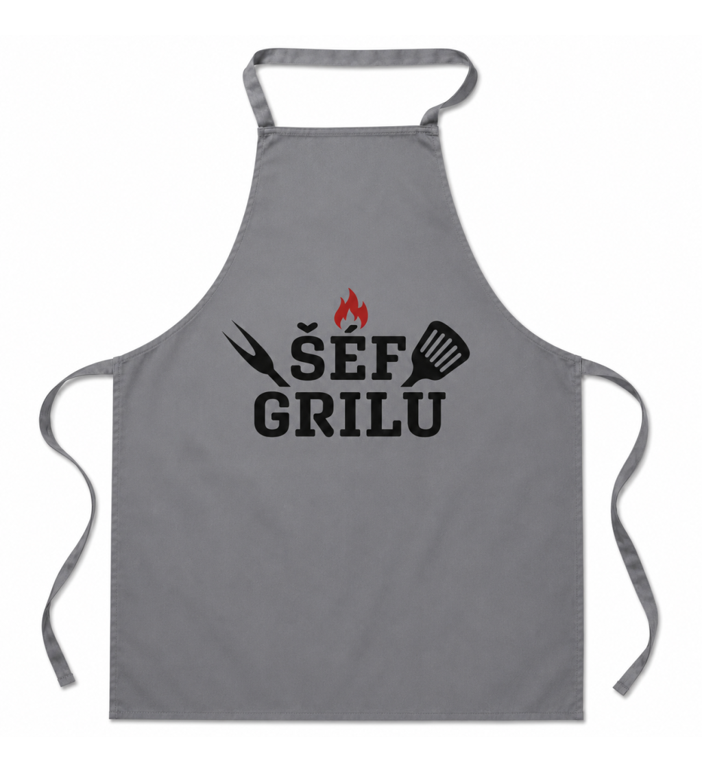Šedá zástěra s nápisem Šéf grilu